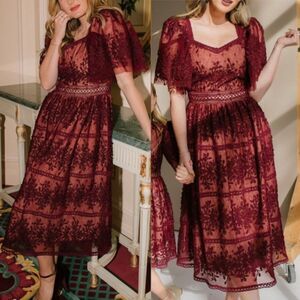 Ivy City Wine Venice Dress with Flutter Sleeves Size L Lace Midi Holiday Party